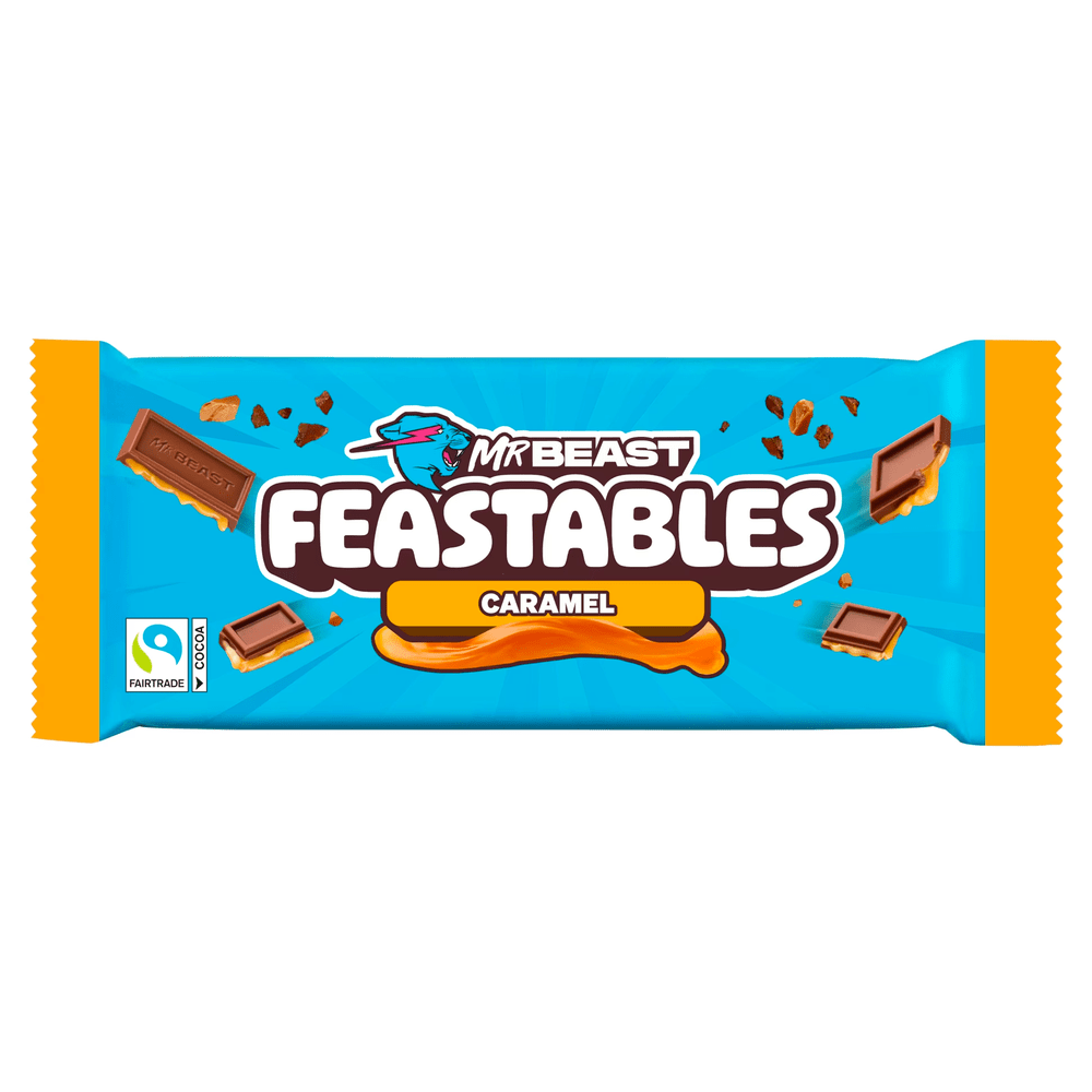 Barre Feastables MrBeast Chocolate Caramel, chocolat au caramel américain, packaging noir et doré MrBeast
