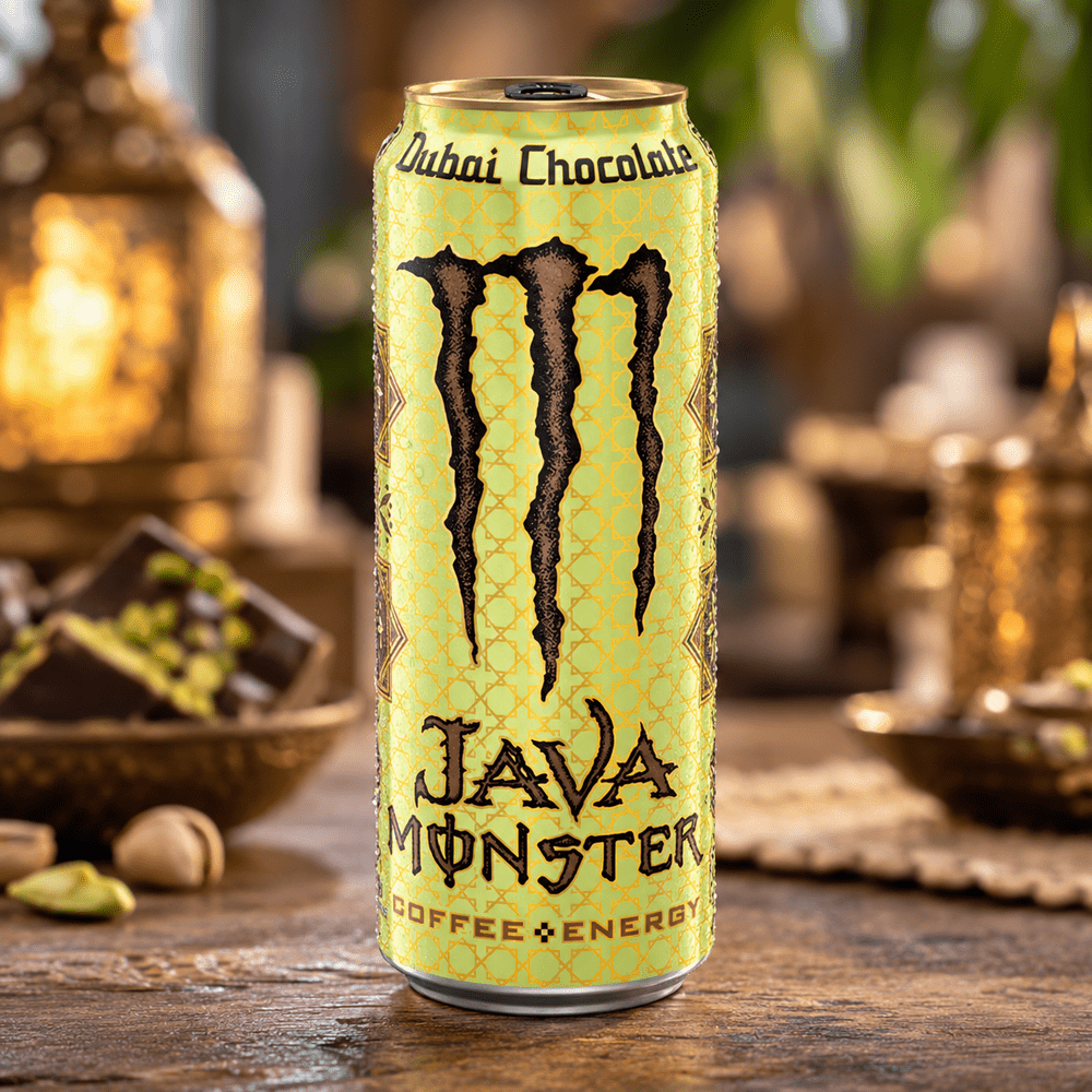 Canette Java Monster Dubai Chocolate aux motifs dorés, posée sur une table en bois dans un décor chaleureux avec chocolat et pistaches.