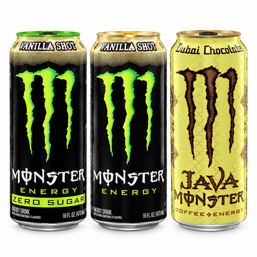 Bundle de 3 canettes Monster Energy : Vanilla Shot, Zero Sugar Vanilla Shot et Java Monster Dubai Chocolate, sur fond blanc.