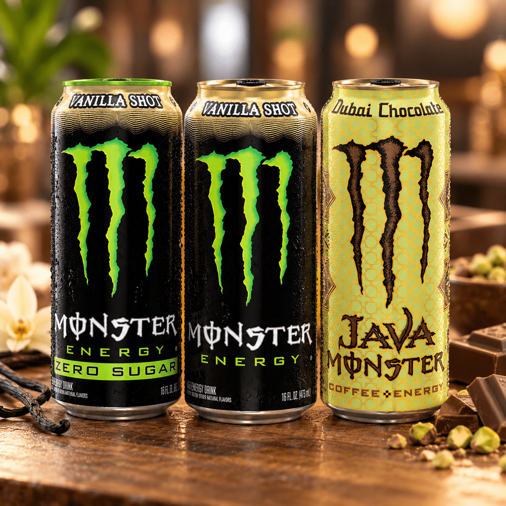 Bundle de 3 canettes Monster Energy : Vanilla Shot, Zero Sugar Vanilla Shot et Java Monster Dubai Chocolate