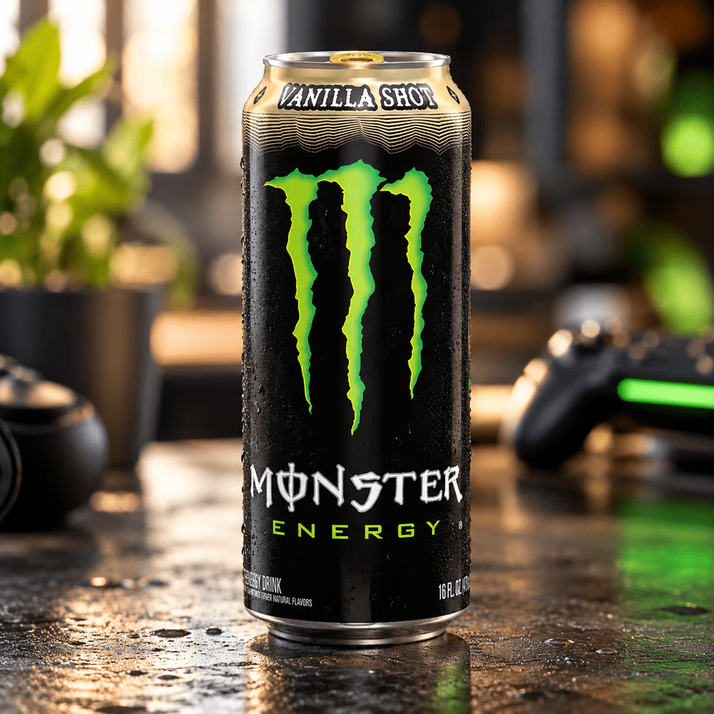 Canette Monster Energy Vanilla Shot à la vanille, posée sur une table dans un décor gaming avec un arrière-plan flou.