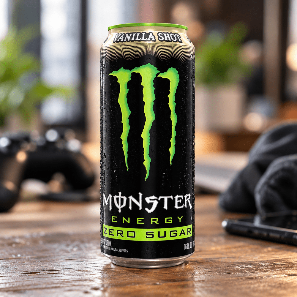 Canette Monster Energy Zero Sugar Vanilla Shot à la vanille, posée sur une table en bois dans un décor lifestyle.