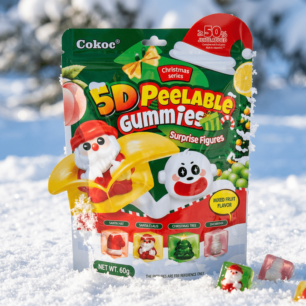 Le paquet de bonbons Cokoc Christmas 5D Peelable Gummies Mixed Fruit Flavor est posé sur la neige, en arrière plan, des sapins eneigés – disponible sur My American Shop