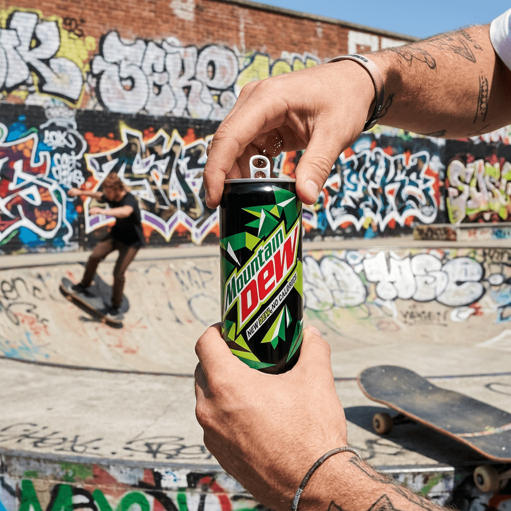 Dans un skate parc, une personne tient la canette Montain Dew d’une main et de l’autre ouvre la canette – disponible sur My American Shop