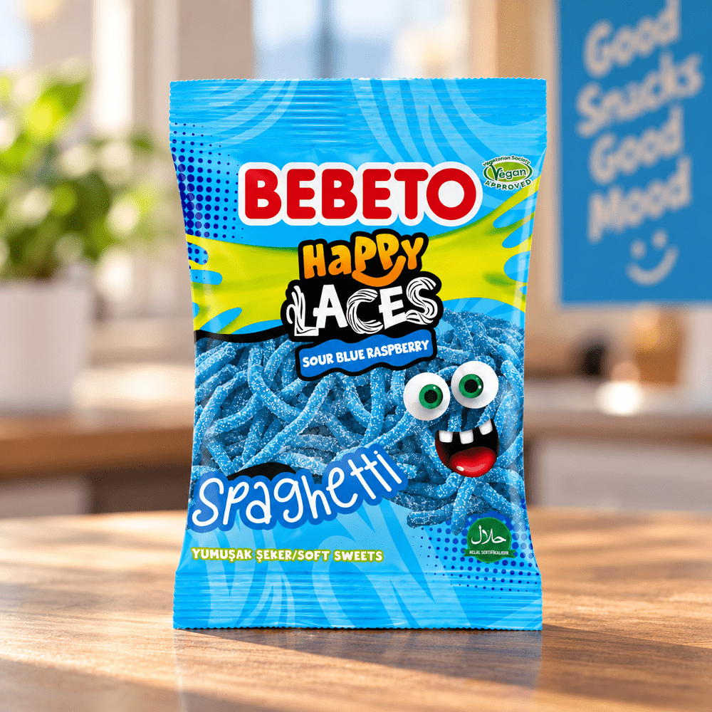 Bebeto Spaghetti Happy Laces Sour Blue Raspberry bonbons acidulés framboise bleue
