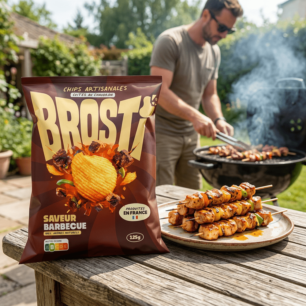 Le paquet de snack salé Brosti Barbecue de McFly & Carlito est posé sur une table en bois dans un jardin, à côté du paquet de chips se trouve une assiette de brochette, en arrière plan, un homme retourne des brochettes dans un barbecue fumant – disponible sur My American Shop
