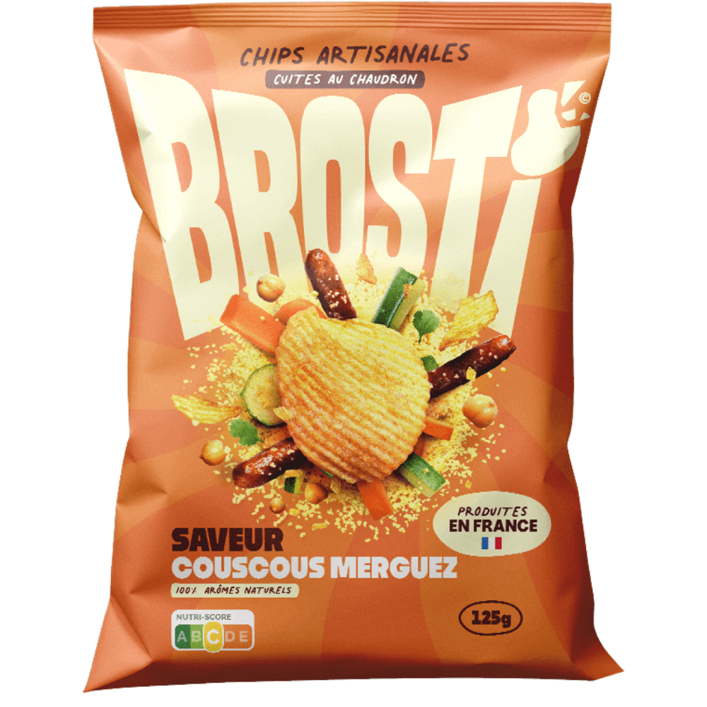 Brosti Couscous Merguez de McFly & Carlito, chips croustillantes cuites au chaudron et artisanales saveur couscous et marguez – disponible sur My American Shop