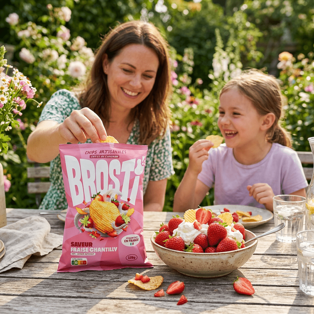 Le paquet de snack salé Brosti Fraise et Chantilly de McFly & Carlito est posé sur une table e bois de jardin, à côté du paquet de chips se trouve un bol de fraise avec de la chantilly, en arrière plan, une femme et sa fille sourissent et mangent des chips – disponible sur My American Shop