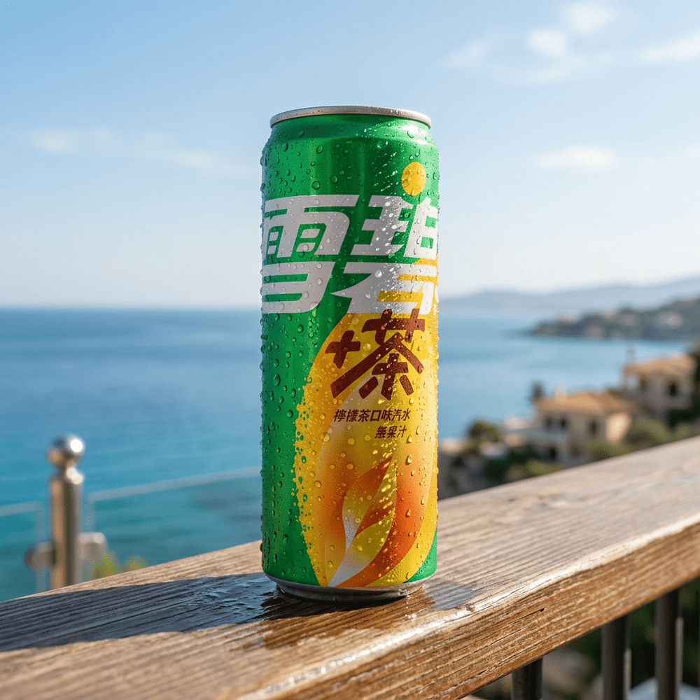La canette de soda Sprite Lemon Tea, avec des gouttes de condensation, est posée sur une rambarde de balcon en bois ; en arrière-plan, une vue dégagée sur la mer lors d’une journée ensoleillée – disponible sur My American Shop