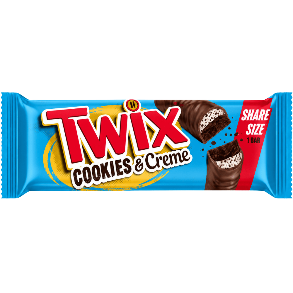Twix Cookies and Cream Share Size, barres chocolatées, biscuit croustillant, crème cookies & cream et chocolat – disponible sur My American Shop