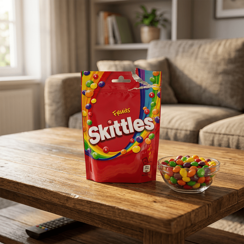Le paquet de bonbons Skittles Pouch Bag Fruit est posé sur une table basse en bois d’un salon, à coté du paquet se trouve une un bol contenant des bonbons skittles de couleurs – disponible sur My American Shop