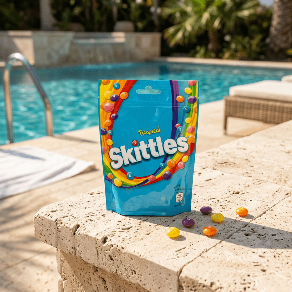 Le paquet de bonbons Skittles Pouch Bag Tropical est posé sur le bord d’une terrasse en pierre, en arrière plan se trouve une piscine, dans bains de soleils et un jardin – disponible sur My American Shop