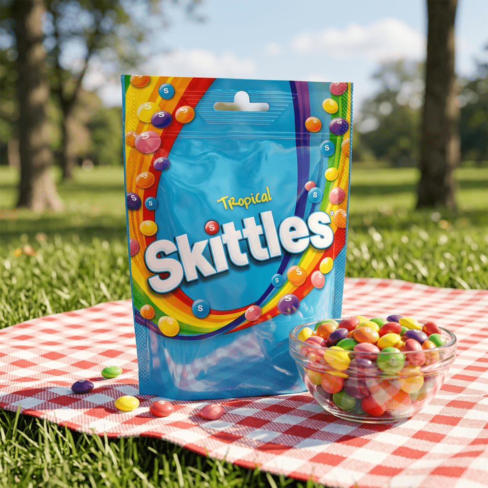 Le paquet de bonbons Skittles Pouch Bag Tropical est posé sur une nappe de pique nique installée sur l’herbe,  à coté du paquet se trouve un bol contenant des bonbons skittles colorés – disponible sur My American Shop