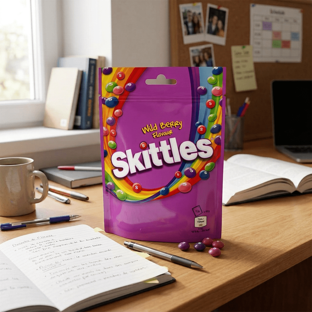 Le paquet de bonbons Skittles Pouch Bag Wild Berry est posé sur un bureau, à coté du paquet se trouve des carnets, des livres, des stylos, un ordinateur, un mug – disponible sur My American Shop