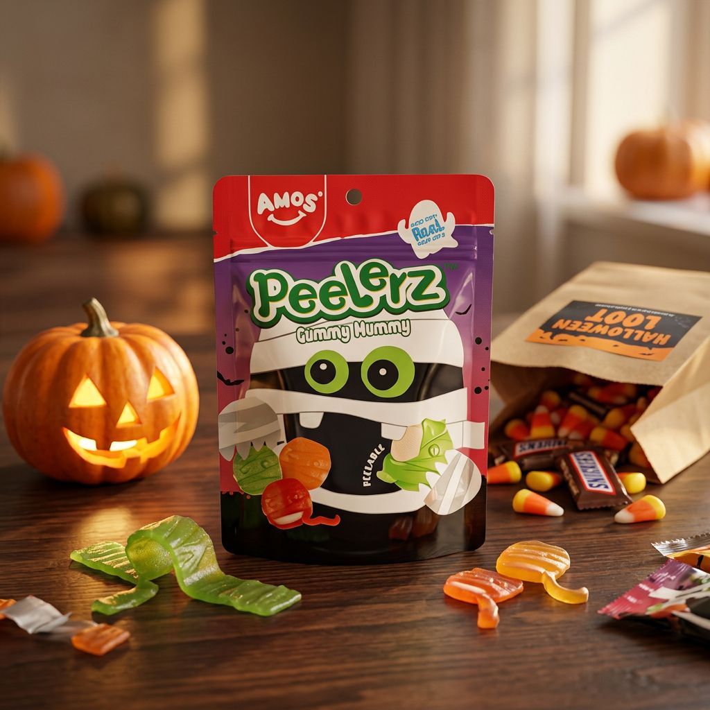Amos Peelerz Gummy Mummy, bonbon Halloween américain à éplucher, arômes fruités, disponible sur My American Shop