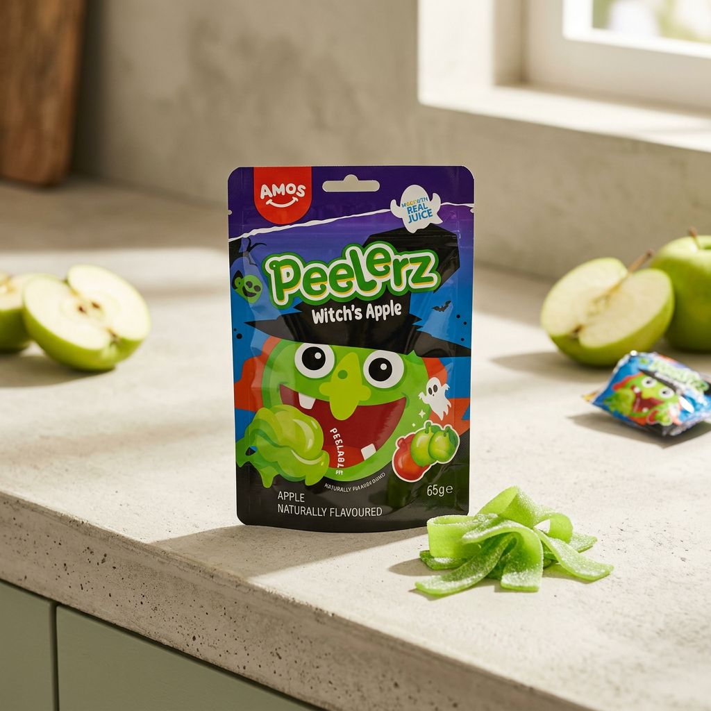 Amos Peelerz Gummy Witch Apple, bonbon gélifié XXL à éplucher goût pomme verte acidulée, disponible sur My American Shop