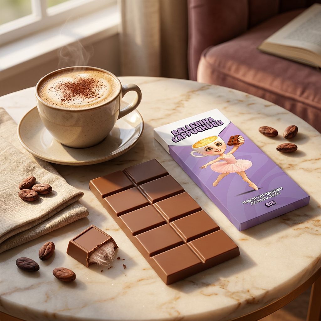 Ballerina Cappuchoco, tablette chocolat au lait barbe à papa cappuccino, The Original Dubai Chocolate, disponible sur My American Shop