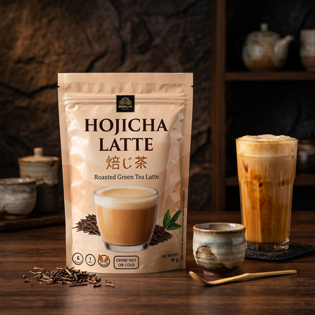 Bardollini Hojicha Latte, poudre instantanée pour latte crémeux au thé vert japonais torréfié, notes de noisette et caramel, texture veloutée façon barista, chaud ou glacé, disponible sur My American Shop.