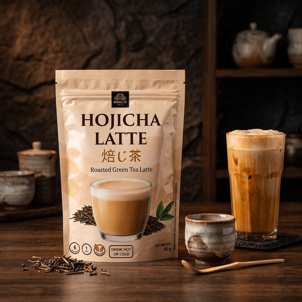 Bardollini Hojicha Latte, poudre instantanée pour latte crémeux au thé vert japonais torréfié, notes de noisette et caramel, texture veloutée façon barista, chaud ou glacé, disponible sur My American Shop.