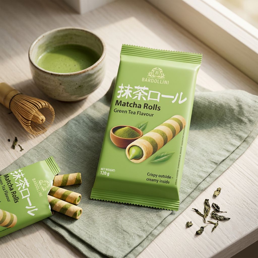 Bardollini Match Rolls saveur thé vert matcha, snack croustillant importé en format roll fin, disponible sur My American Shop