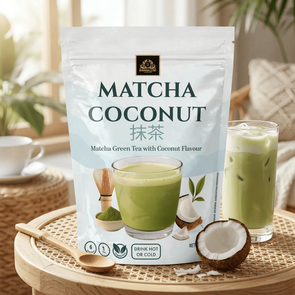 Bardollini Matcha Coconut, poudre instantanée pour latte crémeux saveur matcha japonais et noix de coco, texture veloutée façon barista, chaud ou glacé, disponible sur My American Shop.