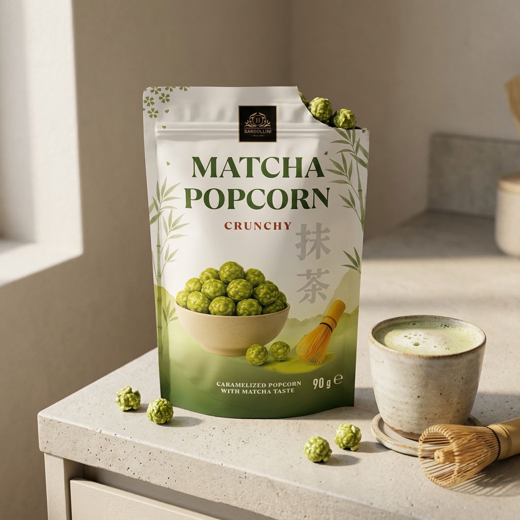 Bardollini Matcha Popcorn Crunchy, snack premium saveur thé vert japonais en sachet, disponible sur My American Shop