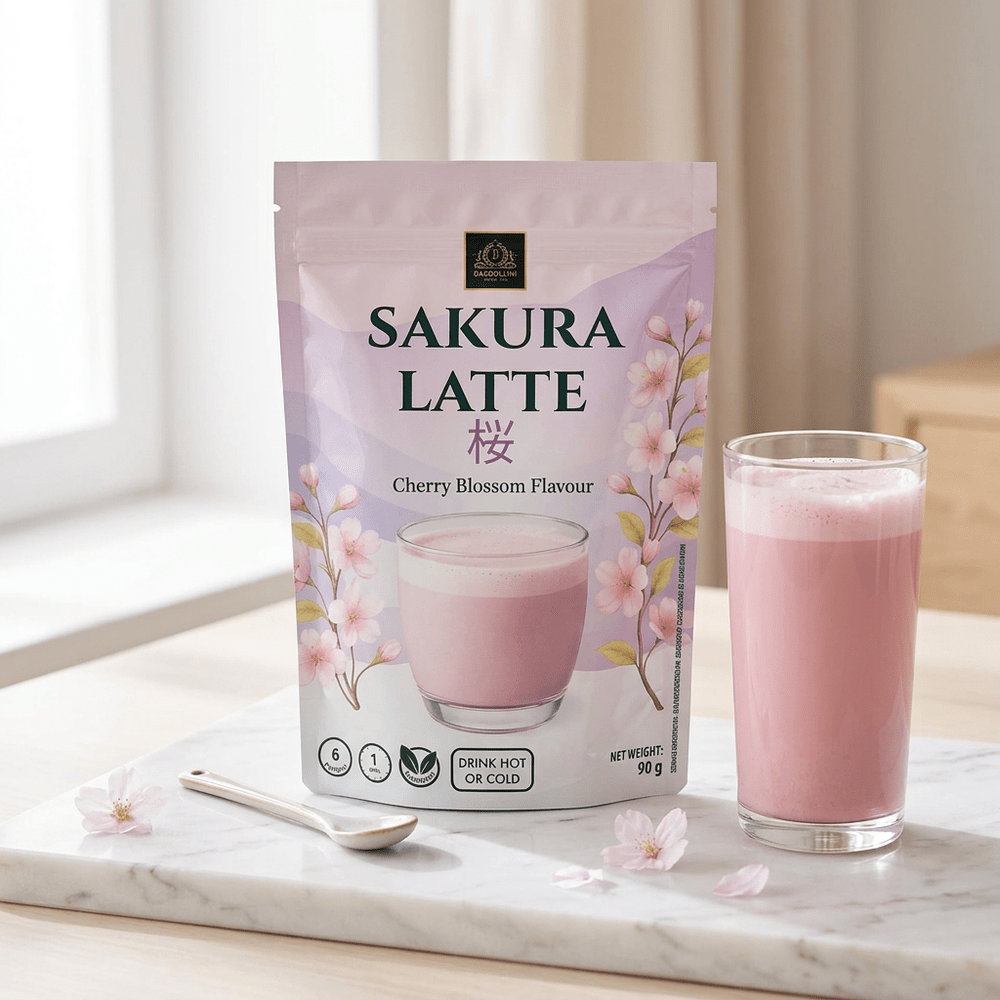 Bardollini Sakura Latte, poudre instantanée pour latte crémeux saveur fleur de cerisier japonaise, teinte rosée naturelle à la betterave rouge, texture veloutée façon barista, disponible sur My American Shop.