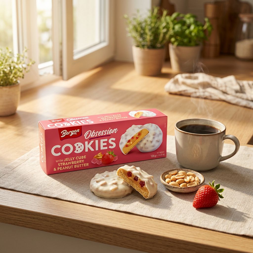 Bergen Cookies Jelly Cube Fraise et Beurre de Cacahuète, biscuit enrobé chocolat au lait, importé, disponible sur My American Shop
