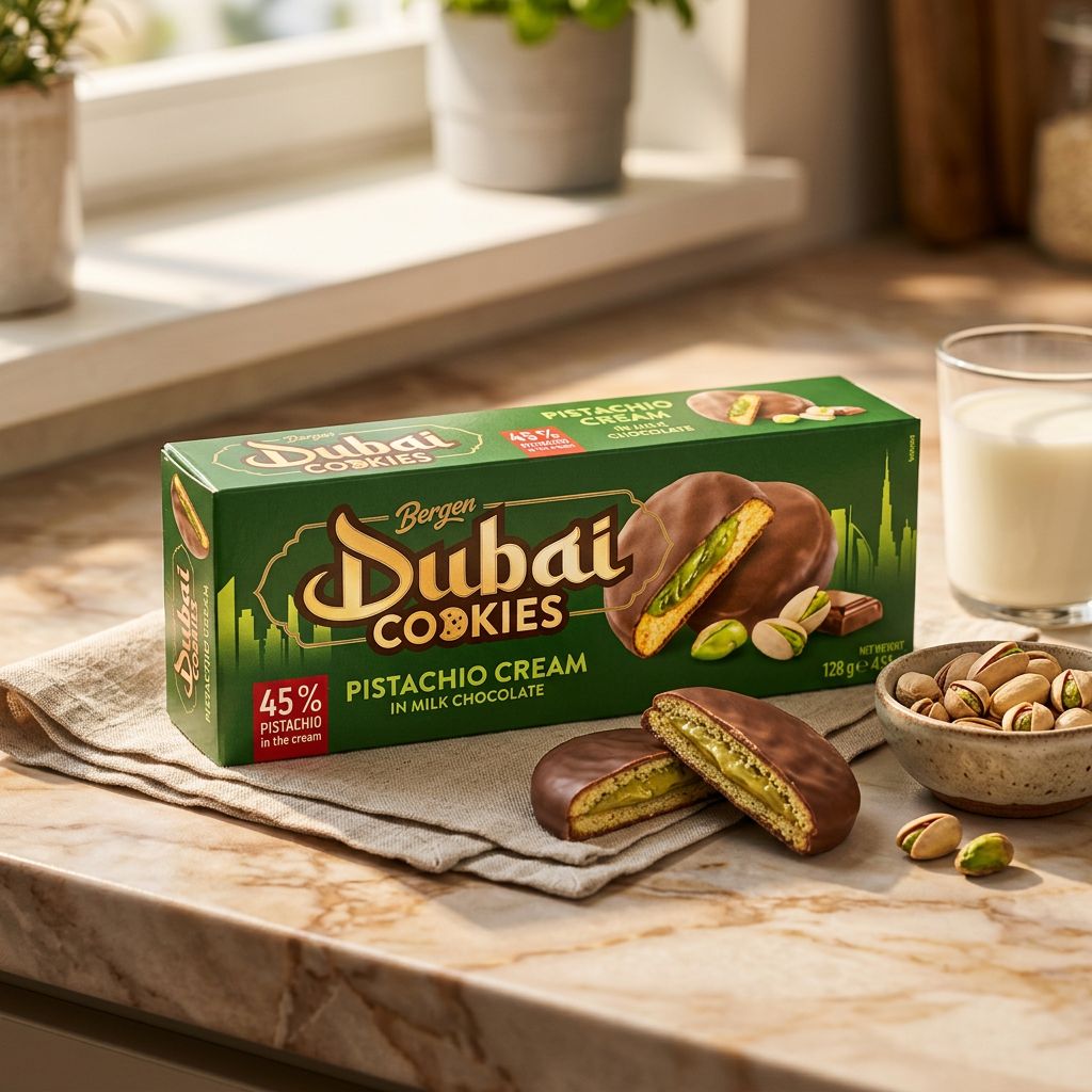 Bergen Dubai Style Cookies Pistachio, biscuits chocolat lait et crème pistache, disponible sur My American Shop