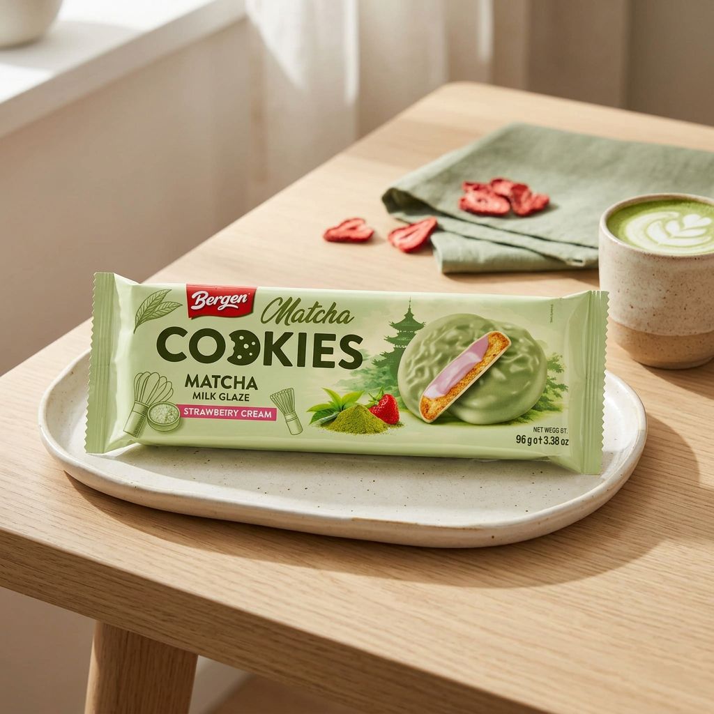 Bergen Matcha Cookies Strawberry Cream, biscuits sandwich matcha et crème fraise importés d'Asie, disponible sur My American Shop