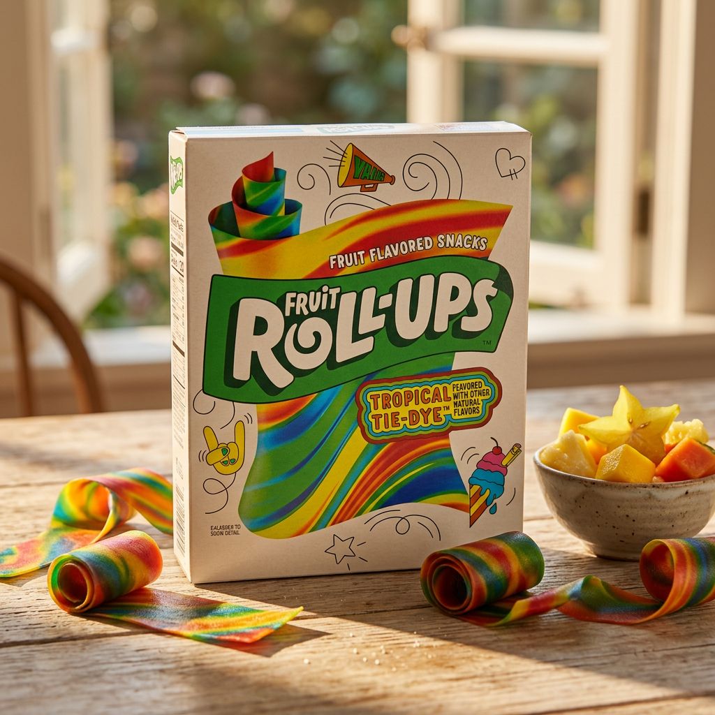 Betty Crocker Fruit Roll-Ups Tropical Tie-Dye, snack fruité américain en feuilles colorées, disponible sur My American Shop