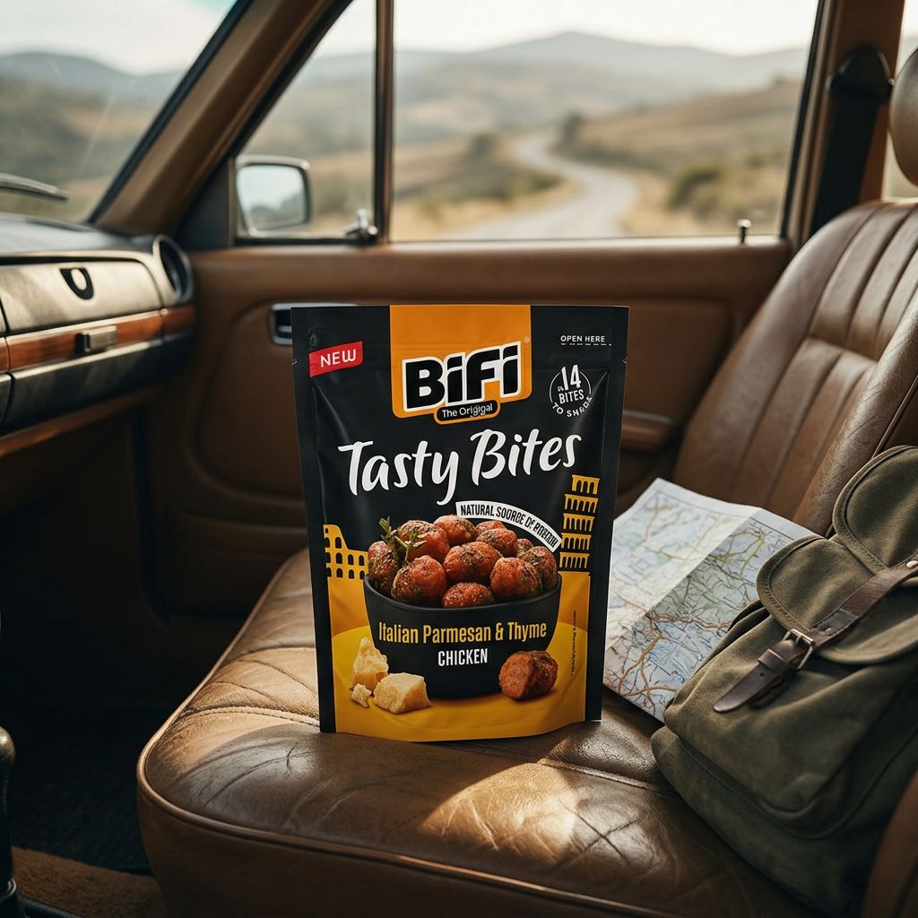 BiFi Tasty Bites Chicken Parmesan Thym, bouchées de poulet fumées, snack carné allemand, disponible sur My American Shop