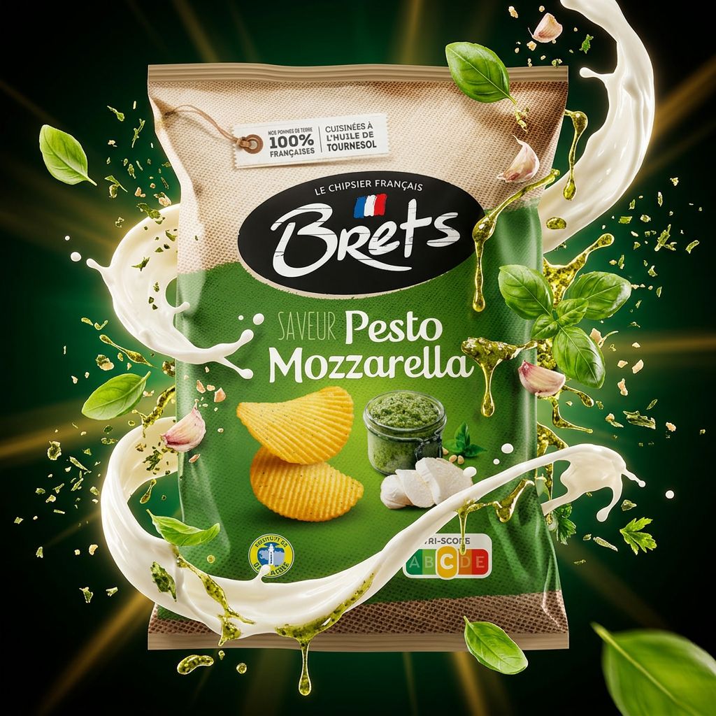 Chips Brets Flavour Pesto Mozzarella, saveur italienne intense, sachet français, disponible sur My American Shop