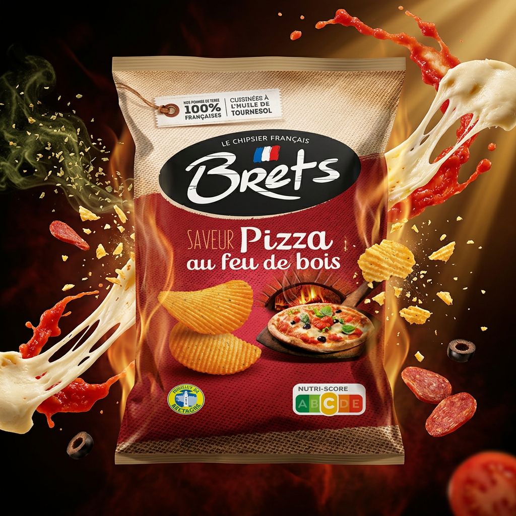 Chips Brets Flavour Pizza, saveur tomate fromage origan, sachet snack français, disponible sur My American Shop