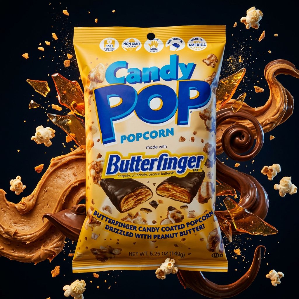 Candy Pop Popcorn Butterfinger, snack américain beurre d'arachide et morceaux Butterfinger, disponible sur My American Shop