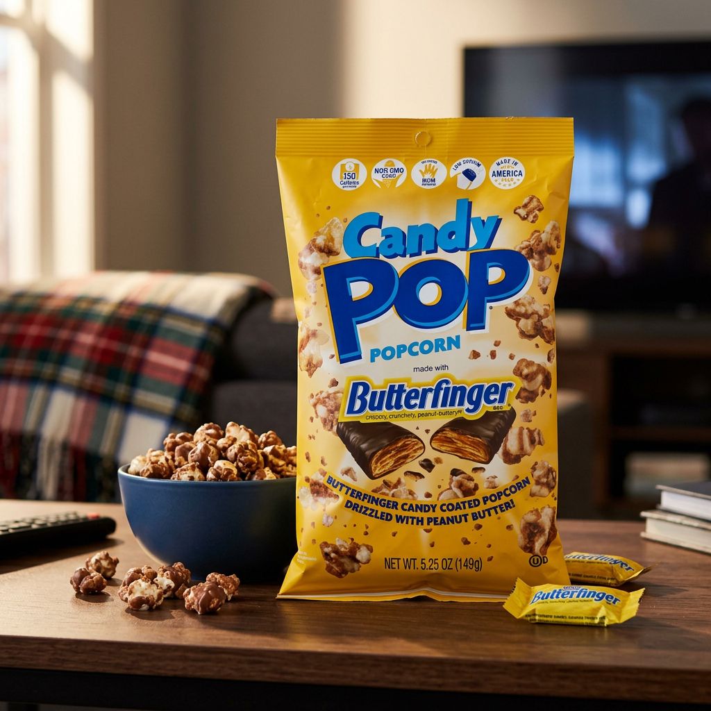 Candy Pop Popcorn Butterfinger, snack américain beurre d'arachide et morceaux Butterfinger, disponible sur My American Shop