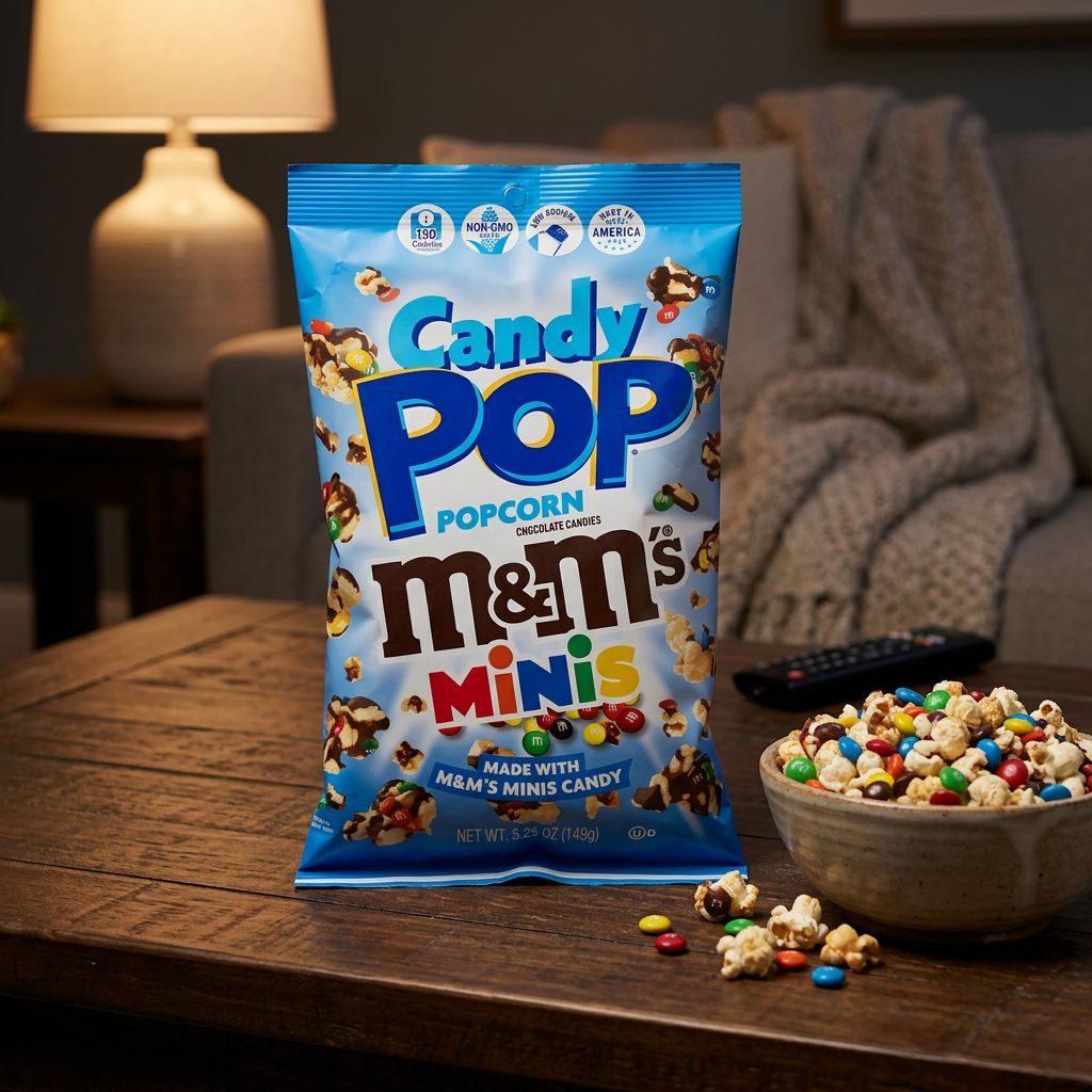 Candy Pop Popcorn M&M's Minis, snack américain chocolat et maïs soufflé, disponible sur My American Shop