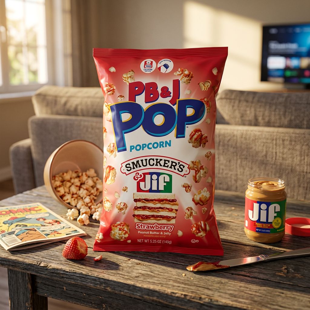 Candy Pop Popcorn Peanut Butter & Jelly Strawberry, snack américain sucré enrobé, disponible sur My American Shop