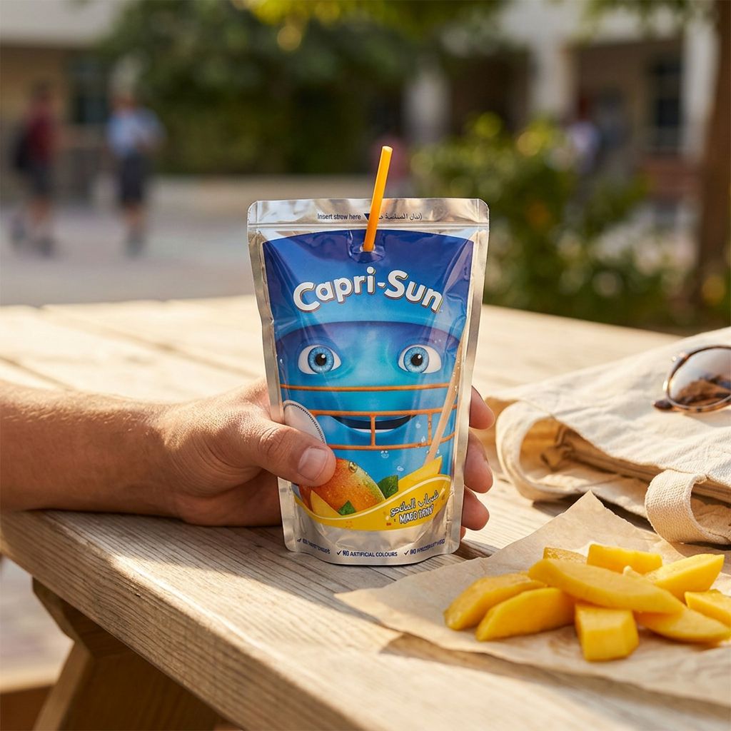 Capri Sun Mango, jus de fruits en poche avec paille, saveur mangue, format pratique, disponible sur My American Shop