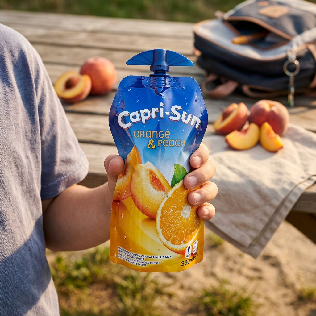 Capri Sun Orange Pêche, pochette souple avec paille, boisson fruitée, disponible sur My American Shop