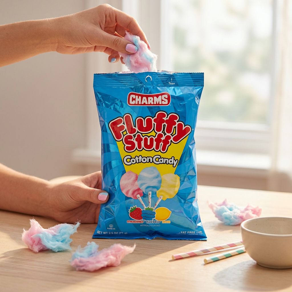 Charms Fluffy Stuff Cotton Candy, barbe à papa américaine multicolore en sachet, origine USA, disponible sur My American Shop