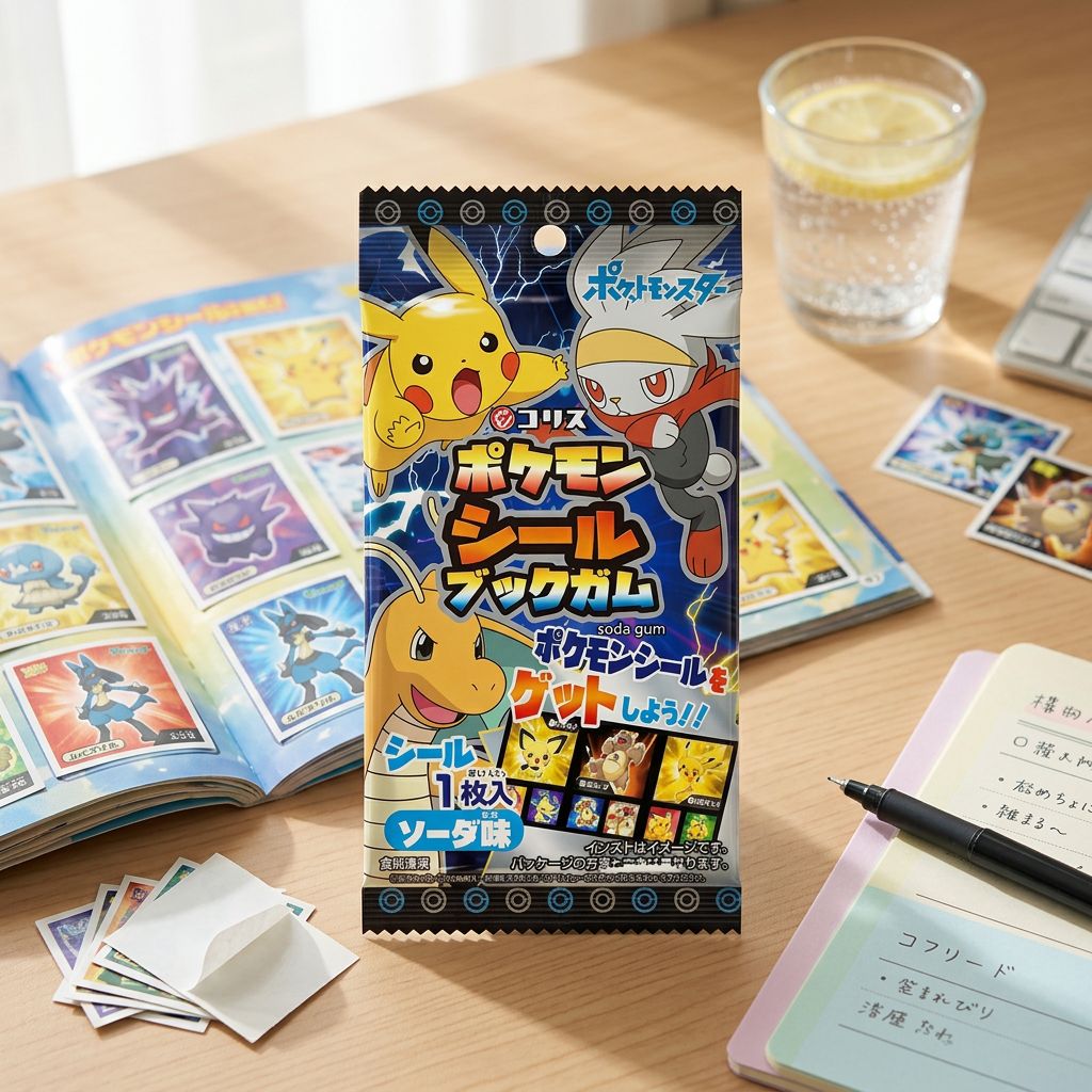 Coris Pokemon Seal Book Gum Soda, chewing-gum japonais saveur soda avec stickers Pokémon, disponible sur My American Shop