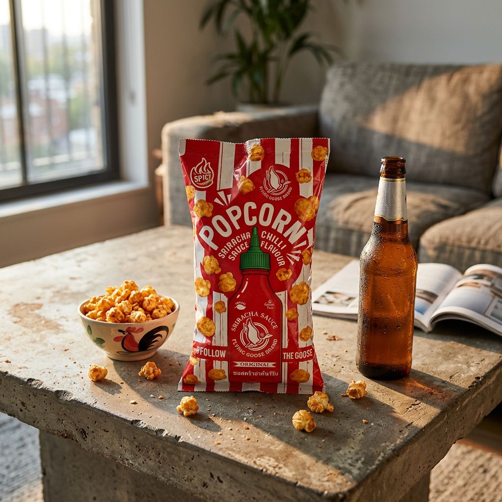Flying Goose Sriracha Chilli Popcorn, snack épicé sucré d'origine thaïlandaise, disponible sur My American Shop