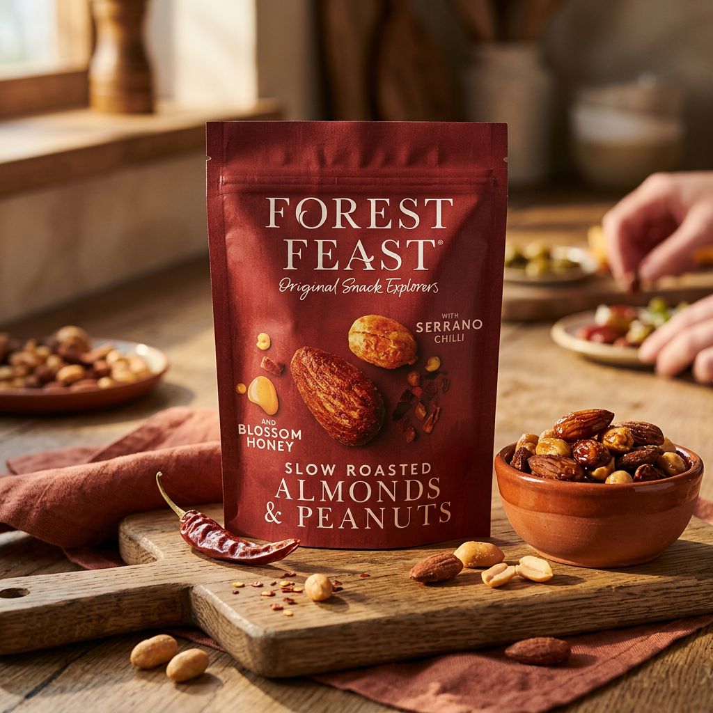 Forest Feast Serrano Chilli Honey Amandes Cacahuètes, snack sucré-piquant irlandais premium, disponible sur My American Shop