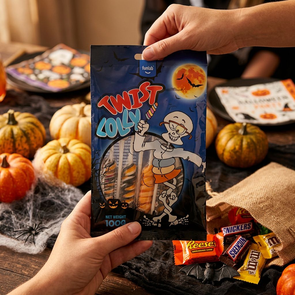 Funlab Halloween Twist Lolly, sucette torsadée aux arômes fruités, édition Halloween, disponible sur My American Shop