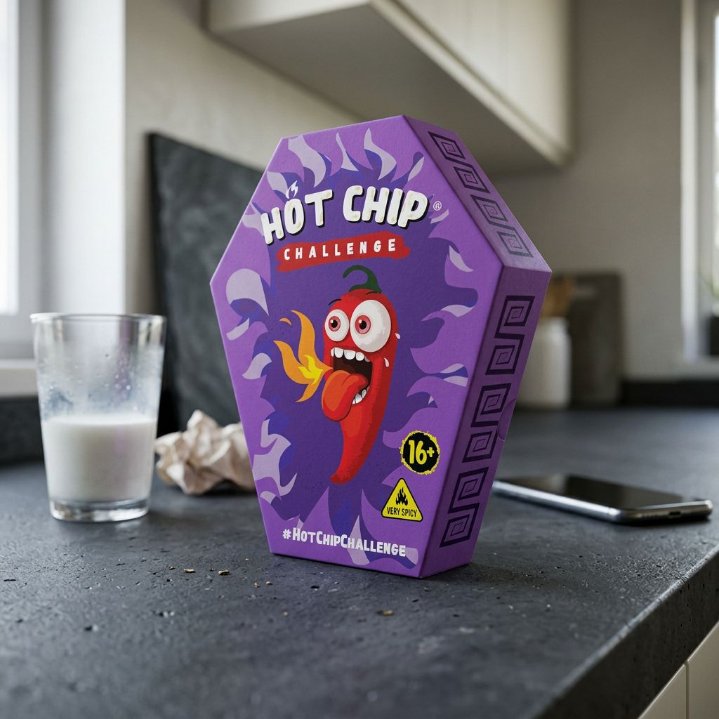 Hot Chip Challenge, chip individuelle ultra-épicée aux 4 piments, emballage cercueil, marque suédoise, disponible sur My American Shop