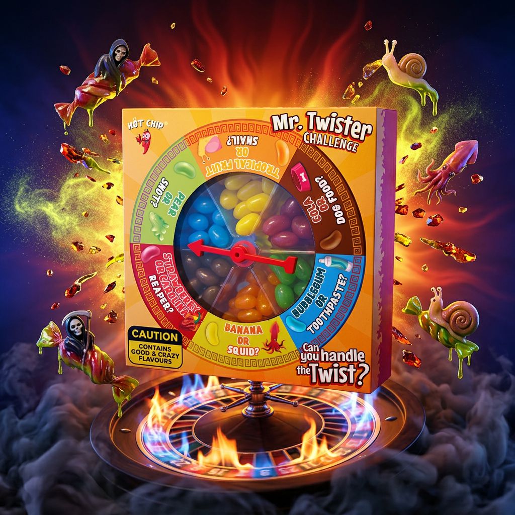 Hot Chip Mr Twister Challenge, bonbon pimenté avec roulette d'intensité, importé du Danemark, disponible sur My American Shop