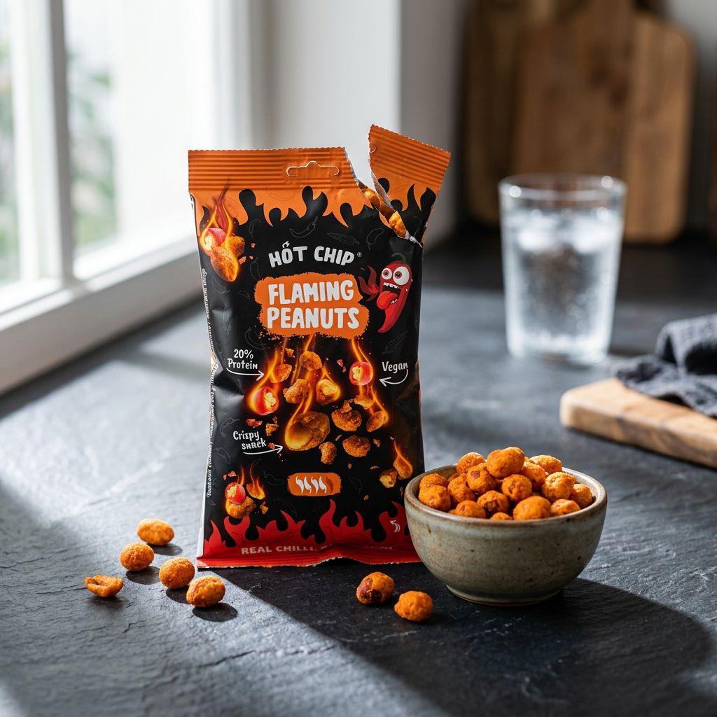 Hot Chip Peanuts Flaming, cacahuètes enrobées ultra-épicées au piment chipotle et Bird's eye, disponible sur My American Shop