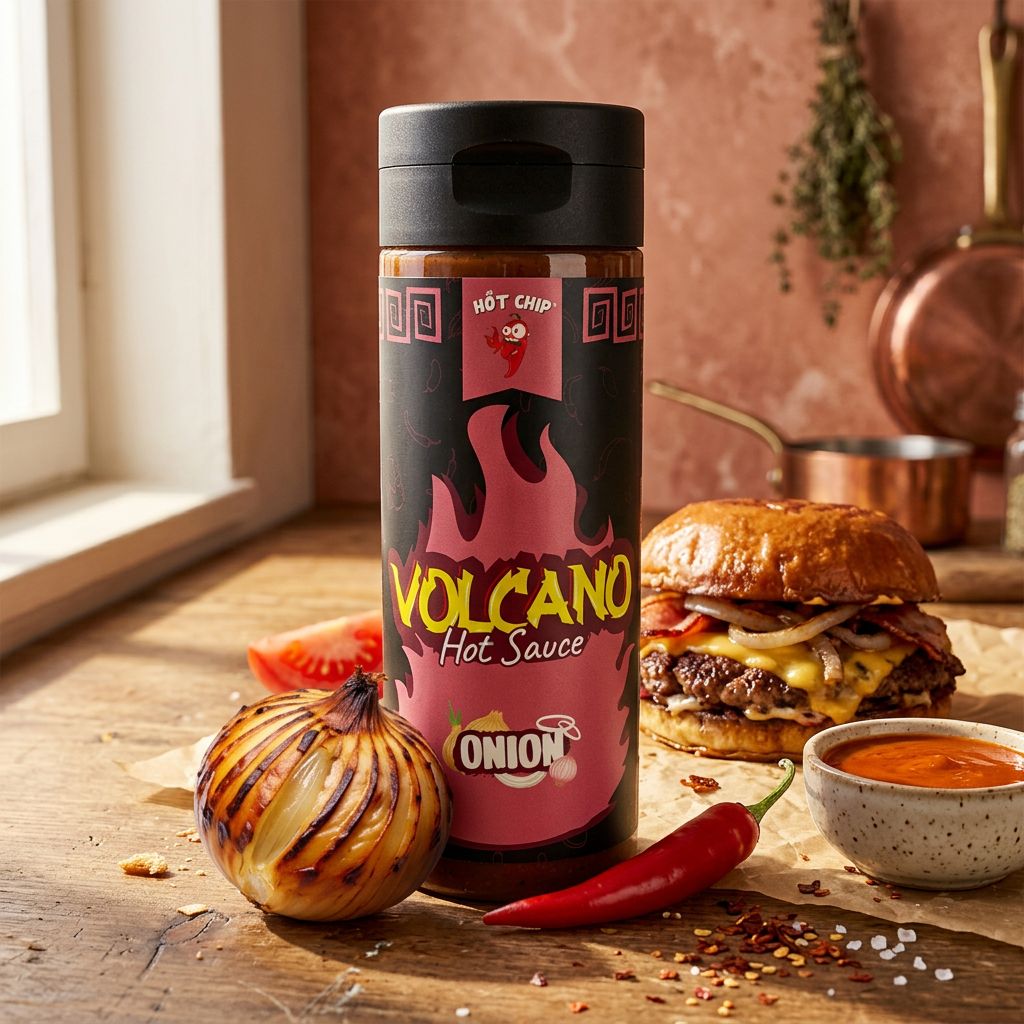 Hot Chip Volcano Onion Hot Sauce au Ghost Pepper, sauce pimentée intense, disponible sur My American Shop