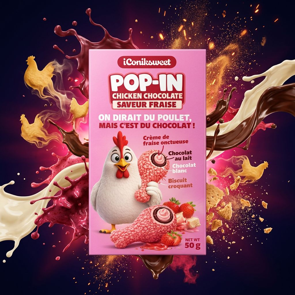iConiksweet Pop-In Chicken Strawberry, bouchée chocolat blanc fraise et cannelle en forme de poulet, disponible sur My American Shop